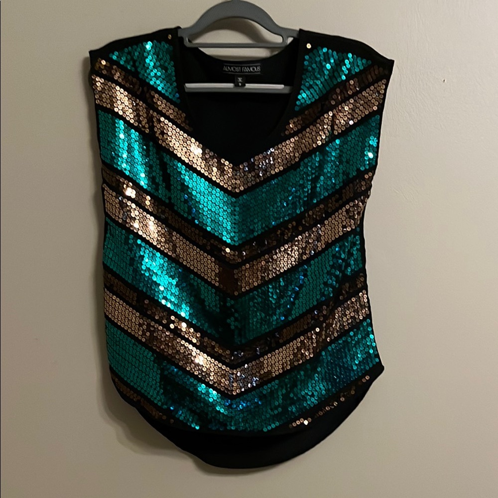 Sequin Aqua, Brown, Gold & Black Sequin Chevron Top